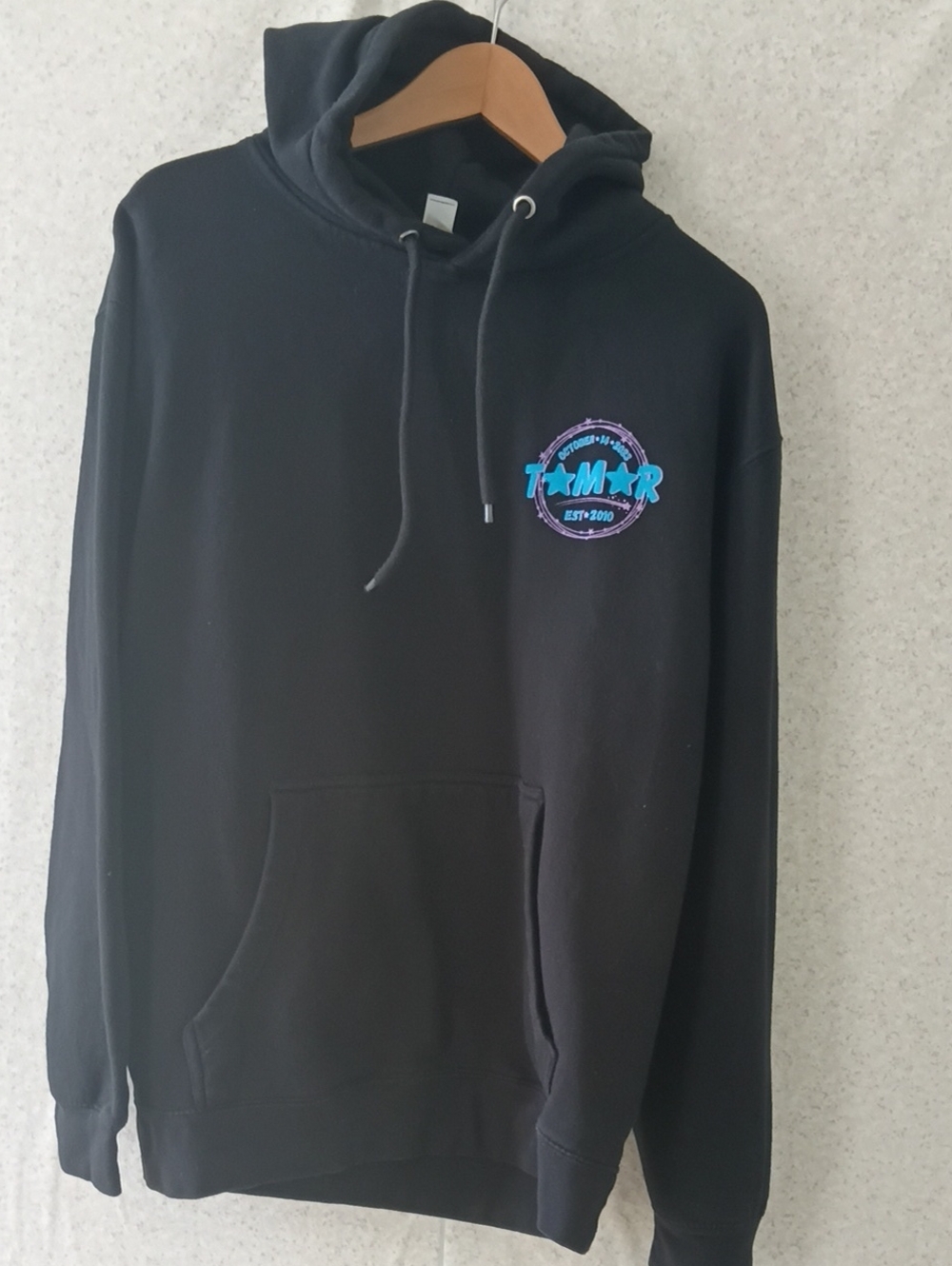 Black Zip-Up Hoodie with Teal & Purple Logo